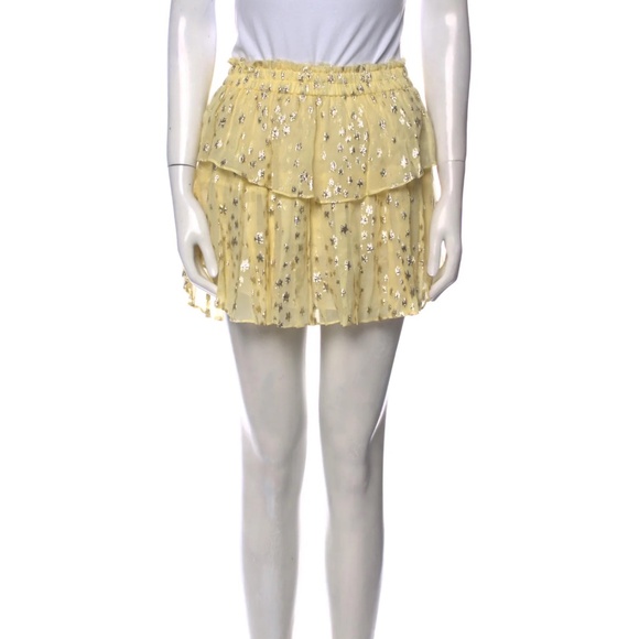 LOVE SHACK FANCY Metallic Gold STARS Yellow Silk Ruffle Mini Skirt SIZE XS - Picture 4 of 4